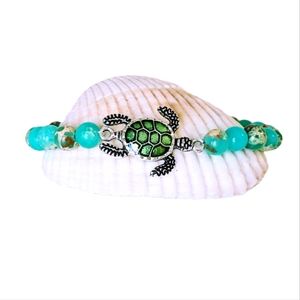 Natural Sea Jasper Stretch Bracelet With Sea Turtle Charm 7.5"